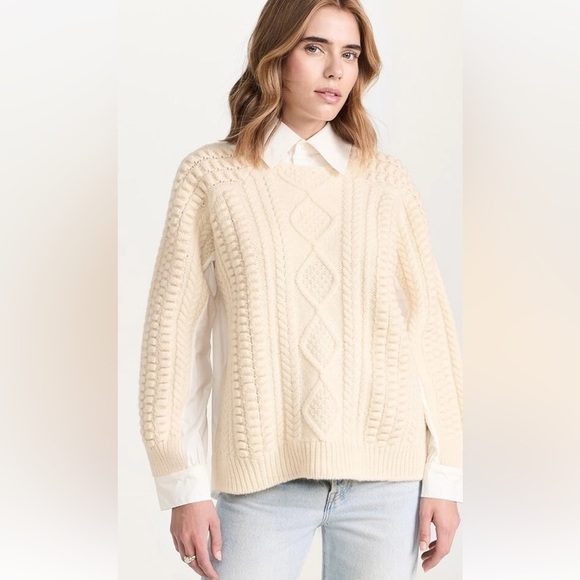 Sea New York Leni WOOL Fisherman Cable Knit Sweater Combo in Cream Size LARGE - Picture 3 of 14